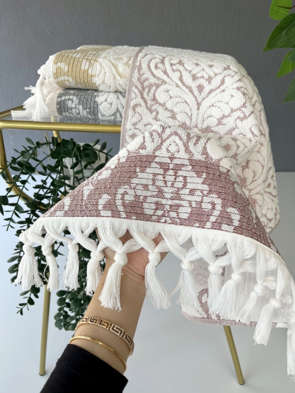 50x90 SARRA 3'LÜ SARE BAĞLAMALI DAMASK HAVLU