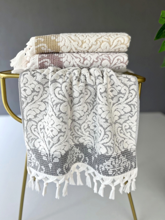 50x90 SARRA 3'LÜ SARE BAĞLAMALI DAMASK HAVLU