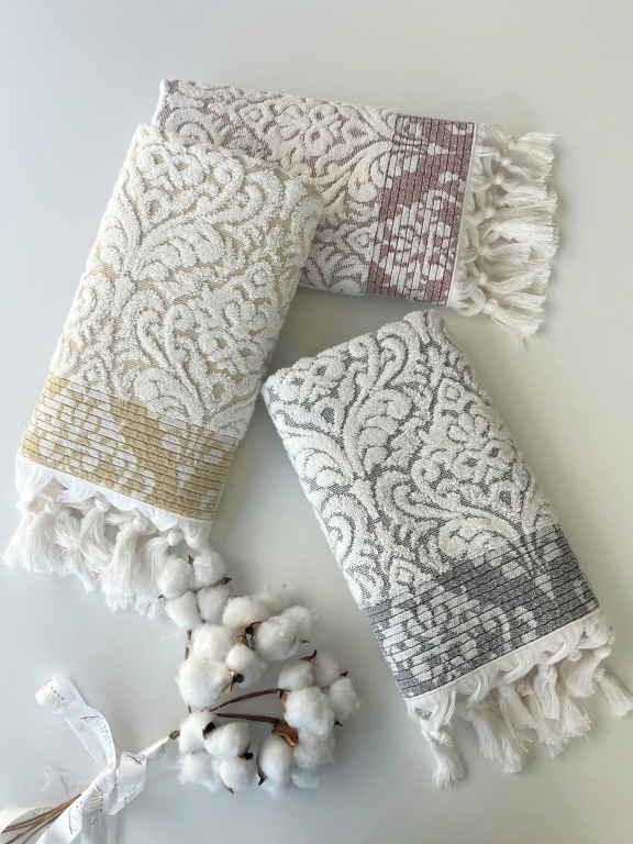 50x90 SARRA 3'LÜ SARE BAĞLAMALI DAMASK HAVLU