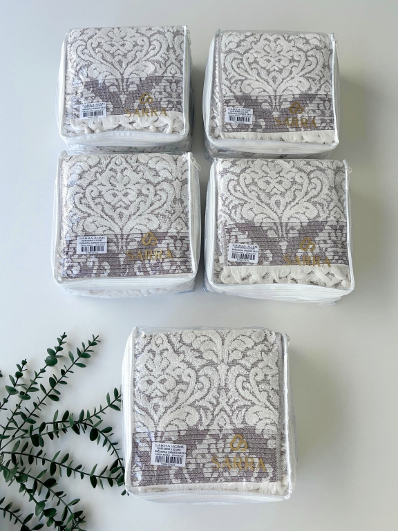50x90 SARRA 3'LÜ SARE BAĞLAMALI DAMASK HAVLU