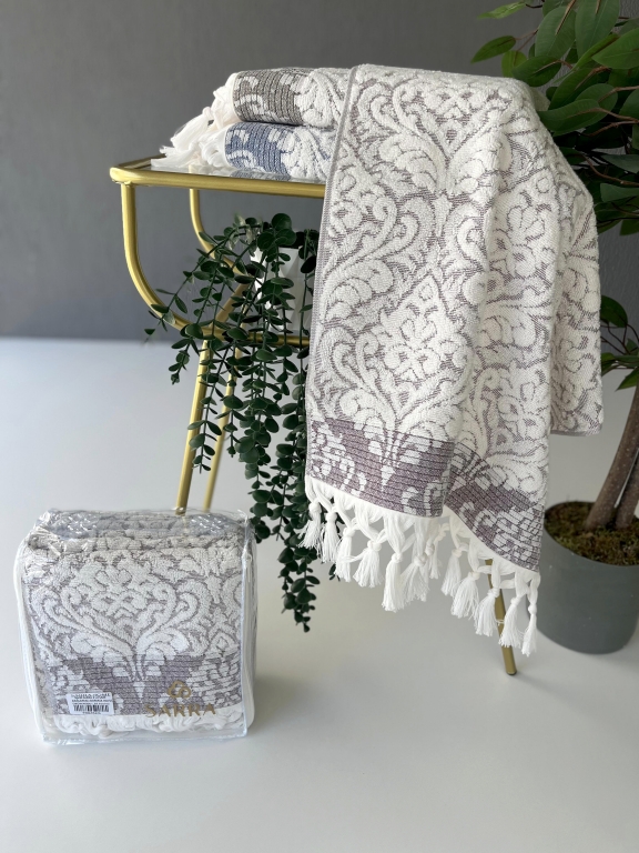 50x90 SARRA 3'LÜ SARE BAĞLAMALI DAMASK HAVLU
