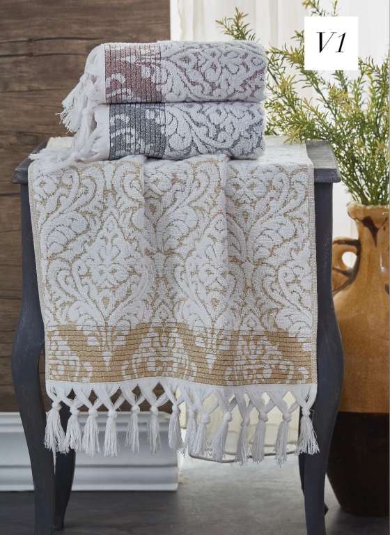 50x90 SARRA 3'LÜ SARE BAĞLAMALI DAMASK HAVLU